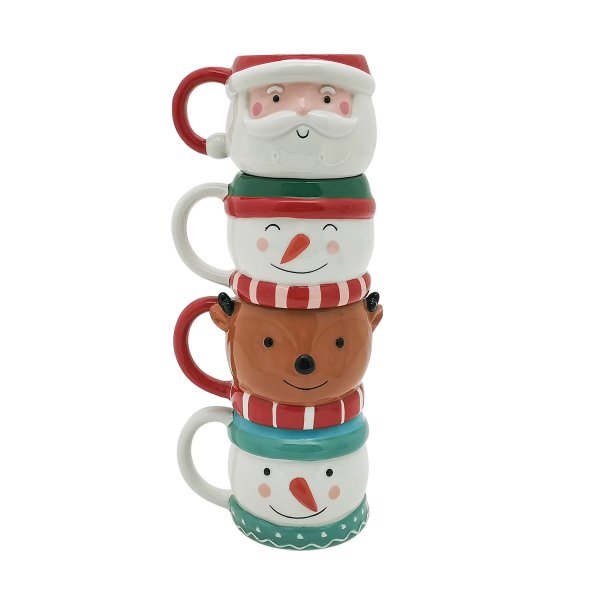 Santa, Snowman and Reindeer Mix Stackable Stoneware Mug Withe Metal Rack Set