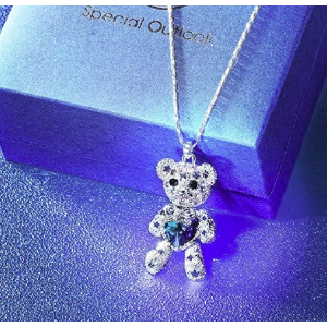 Teddy Bear Necklace With Blue Love Heart Crystal Pendant