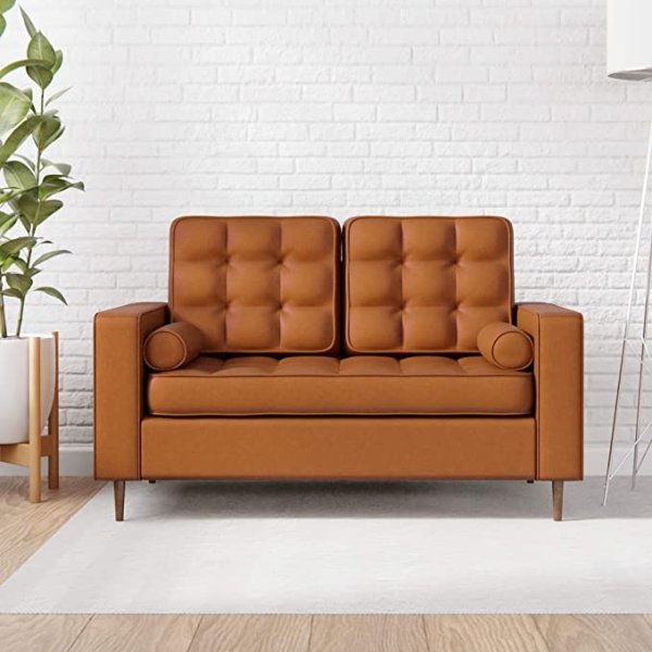 Edenbrook Lynnwood Upholstered Loveseat with Square Arms and Tufting-Bolster Throw Pillows Included, Camel Faux Leather