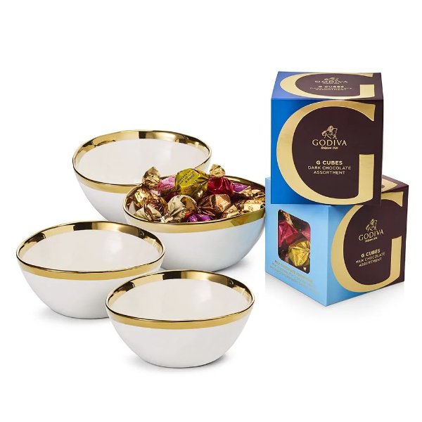 Gold Trim Serving Bowl with Milk & Dark Chocolate Assortment G Cube Boxes