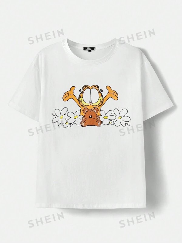 GARFIELD X SHEIN Cartoon Flower Print T-Shirt