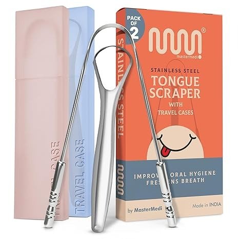 MasterMedi Tongue Scraper with Multicolor Cases (2 Pack), 100% Stainless Steel, Reduce Bad Breath, Easy to Use Tongue Scraper for Adults, Tongue Cleaner for Oral Care & Hygiene