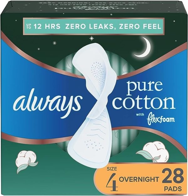 Pure Cotton Feminine Pads for Women, Size 4, with wings, Unscented, 28 Count