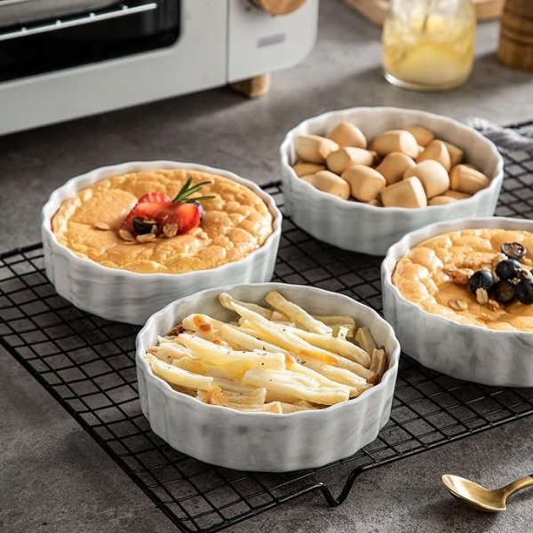 Quiche Tart Pan, 5 inch Baking Pie Pan, Porcelain Ramekins Mini Fluted Quchi Baking Dish for Creme Brulee Mini Cheesecake Small Custard Pizza Individual Portions Dishes, Set of 6 (7oz)