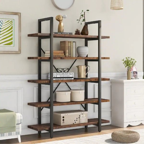 63 in. Brown/Black Metal 5-shelf Etagere Bookcase with Open Back