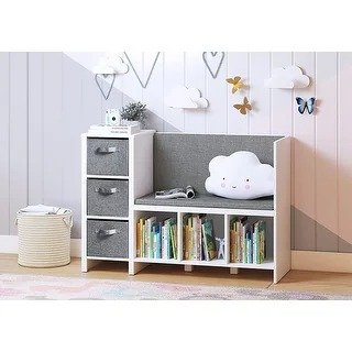 UTEX Kids Bookcase with Reading Nook, 6-Cubby Toy Storage Organizer with Bins,Kids Bookshelf and Storage,White