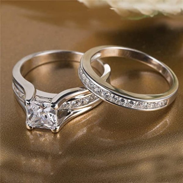 925 Sterling Silver Cubic Zirconia Princess Cut Women's Wedding Engagement Bridal Ring Set