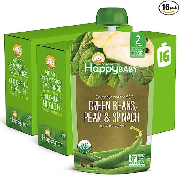 Happy Baby Organics Stage 2 Baby Food Pouches, Gluten Free, Vegan & Healthy Snack, Clearly Crafted Fruit & Veggie Puree, Green Beans, Pears & Spinach, 4 Ounces (Pack of 16)