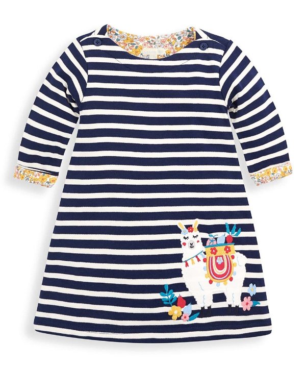 Navy & White Stripe Llama A-Line Dress - Infant, Toddler & Girls