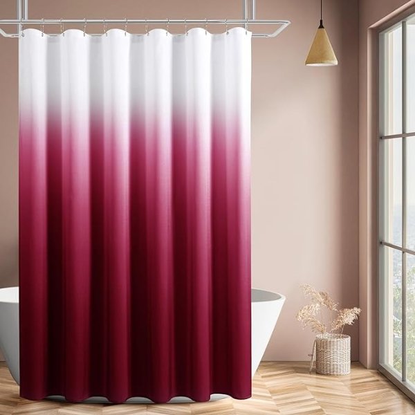 Extra Long Shower Curtain, 84 Inches Long Ombre Linen Textured Fabric Cloth Shower Curtains for Bathroom Set with 12 Hooks, Elegant Aesthetic Bath Decorative Curtain, 72x84 Inch, Red