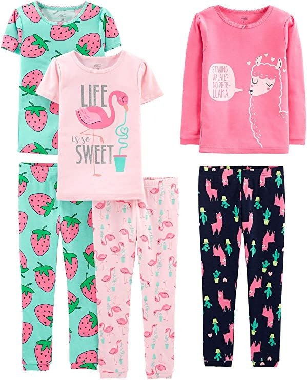 Girls' 6-Piece Snug Fit Cotton Pajama Set