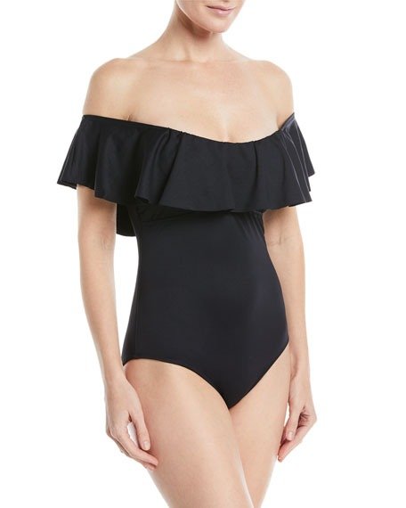 Margarita So Solid Ruffled Off-the-Shoulder One-Piece Swimsuit