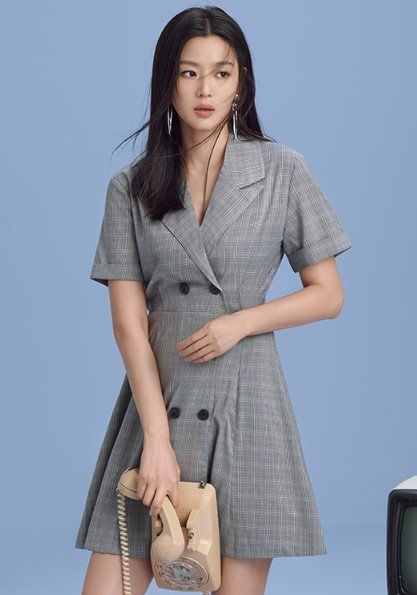 韩版女装夏装新款格子收腰显瘦短袖连衣裙DU8259樱