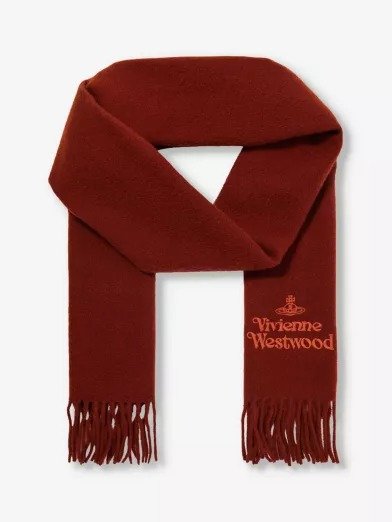 Brand-embroidered fringed-trim wool scarf