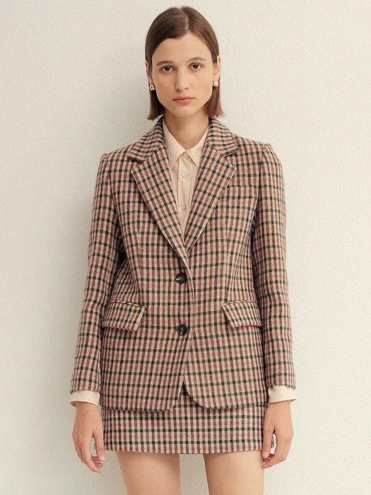 Gingham Check Single Fit Wool Jacket_Pink