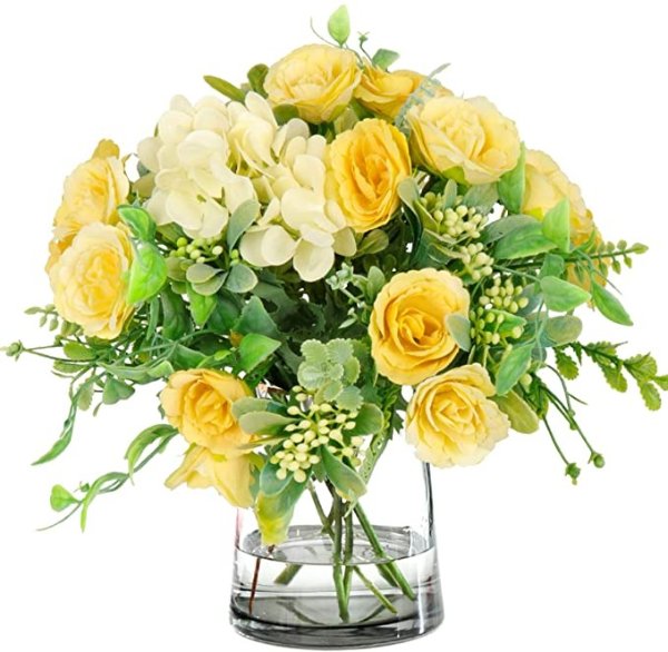 4 Bouquets Mini Artificial Peonies Flowers Silk Hydrangea with Fern Leaves Fake Plants for Table Centerpiece Flower Arrangements Wedding Decor (Yellow)