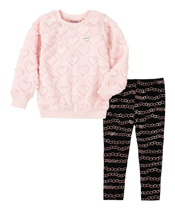Pink Textured-Heart Plush Logo Sweatshirt & Black Chain Leggings - Toddler