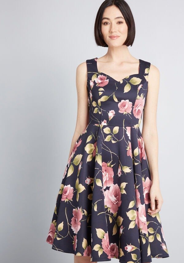 Measured Magnificence Fit and Flare Dress in Navy Floral