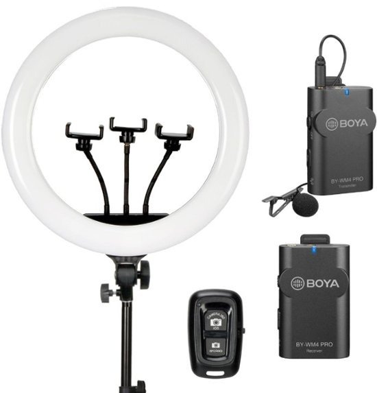 - Premium Series 18 Inch Bi-Color Ring Light Kit with BOYA Wireless Microphone and Bluetooth Remote