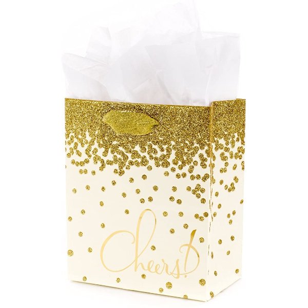 6" Small Gift Bag with Tissue Paper (Gold Glitter Cheers) for Graduations, Christmas, Hanukkah, Engagements, Weddings, Retirements, Holidays and More