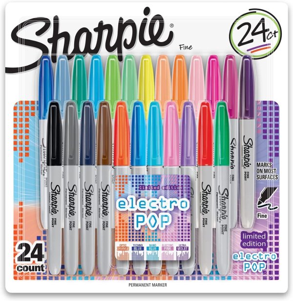 Electro Pop Permanent Markers, Fine Point, Assorted Colors, 24 Count