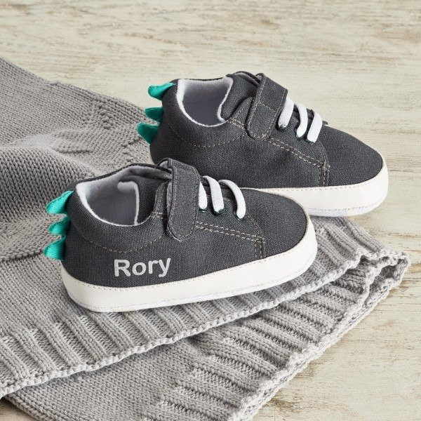 Personalized Gray Dinosaur Detail Baby Sneakers