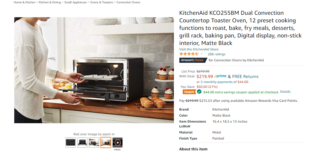 KitchenAid KCO255BM Dual Convection Countertop Toaster Oven,  烤箱
