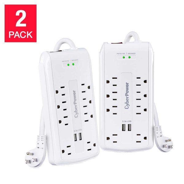2-pack Surge Protector with 8 Outlets & 2 USB Charging Ports