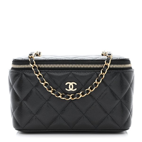 Caviar Quilted Small Vanity Case With Chain Black