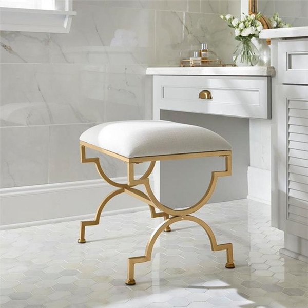 Ivory Upholstered Metal Vanity Stool with Gold Base (23.50 in W. X 21.25 in H.)