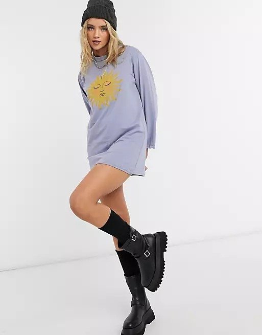 relaxed long sleeve t-shirt dress in blue with sun graphic