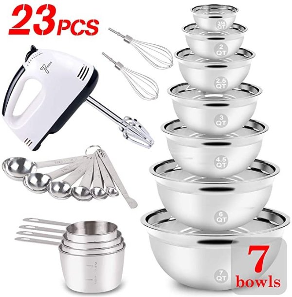 Mixing Bowls Set Electric Hand Mixer Stainless Steel Nesting Mixing Bowl Blender Mixers Beaters Whisk Measuring Cups and Spoons Cooking Prepping Baking Supplies MX200W