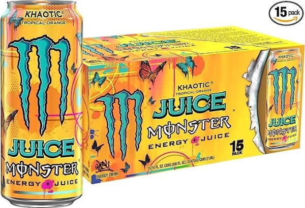 Monster Energy Juice Monster Khaotic Tropical Orange, Energy + Juice, Energy Drink, 16 Ounce (Pack of 15)