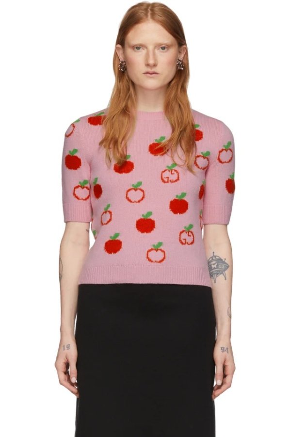 Pink Jacquard GG Apple Half-Sleeve Sweater