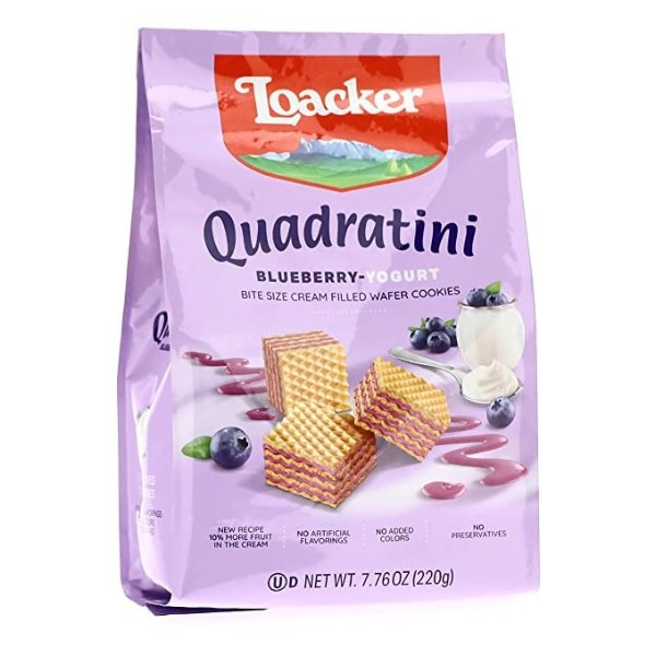 Loacker Quadratini Blueberry-Yogurt bite-size Wafer Cookies| LARGE Pack of 1 | Crispy Wafers with 4 creamy layers of finest Blueberry-Yogurt cream filling | great for snacks & desserts | No artificial flavorings, colors or preservatives | 7.76 oz