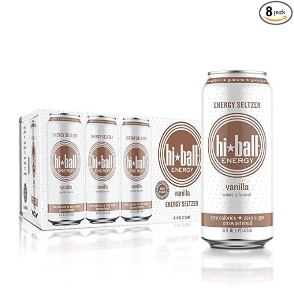 Hiball Energy Vanilla Seltzer Drink, Zero Sugar and Calorie, 16 Fl Oz Cans, 8 Count