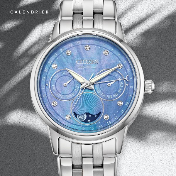 Eco-Drive Calendrier Moon Phase Blue Diamond Accent Dial Stainless Steel Watch | 37mm | FD0000-52N