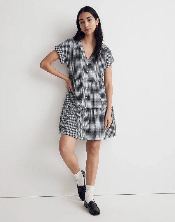 Cuff-Sleeve Button-Front Tiered Mini Dress in Gingham Check
