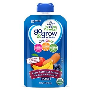 Go & Grow by Similac Fruit and Veggie Pouches with OptiGRO, Apple, Butternut Squash, Banana, Blueberry Puree, For Toddlers, Organic Baby Food, 4 ounces, Pack of 12