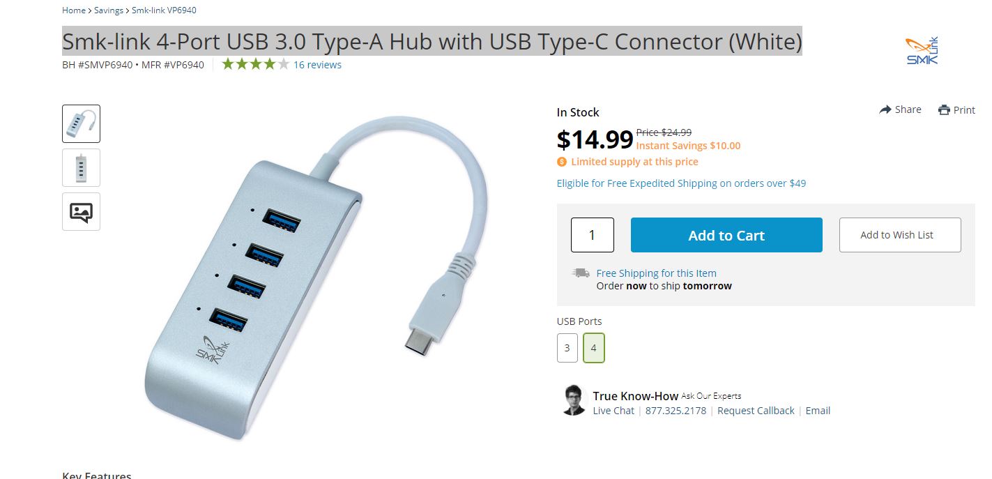 Smk-link 4-Port USB 3.0 Type-A Hub with USB Type-C Connector (White)扩展槽