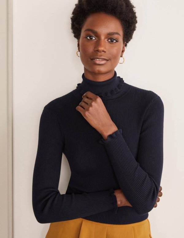 Frill Roll Neck Sweater - Navy | Boden US