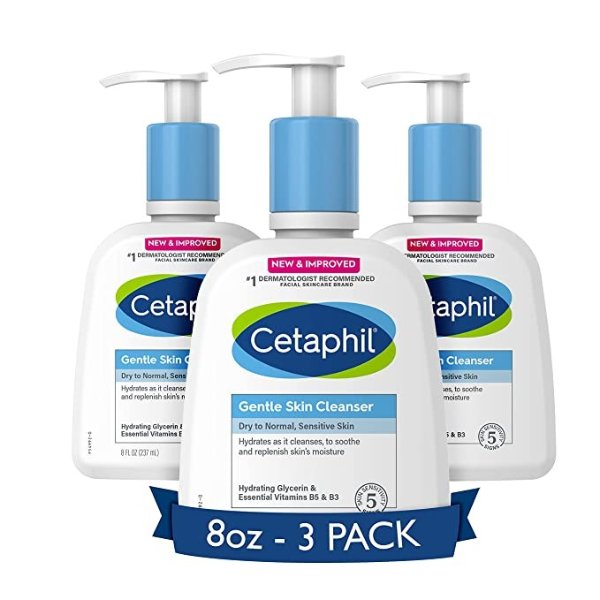 Face Wash by CETAPHIL, Hydrating Gentle Skin Cleanser for Dry to Normal Sensitive Skin, NEW 8 oz 3 Pack, Fragrance Free, Soap Free and Non-Foaming