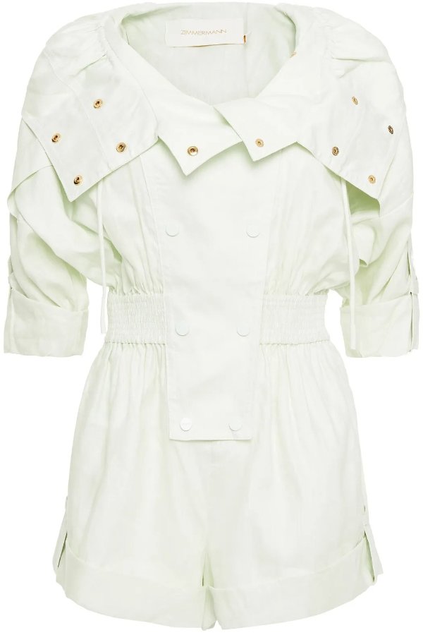 Double-breasted shirred linen playsuit