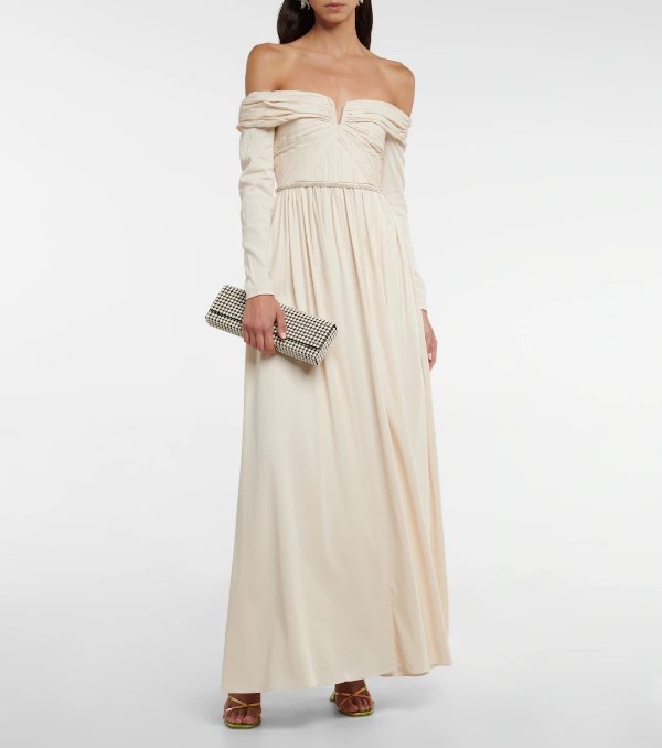 Bridal Off Shoulder Crepe Maxi Dress in White - Self Portrait | Mytheresa
