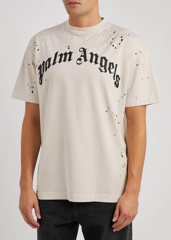 Stone glitter-logo distressed cotton T-shirt