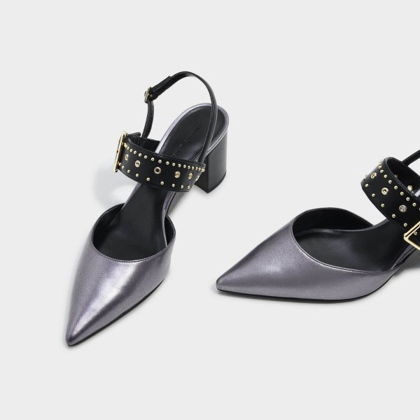 Pewter Studded Pointed Slingbacks |CHARLES & KEITH