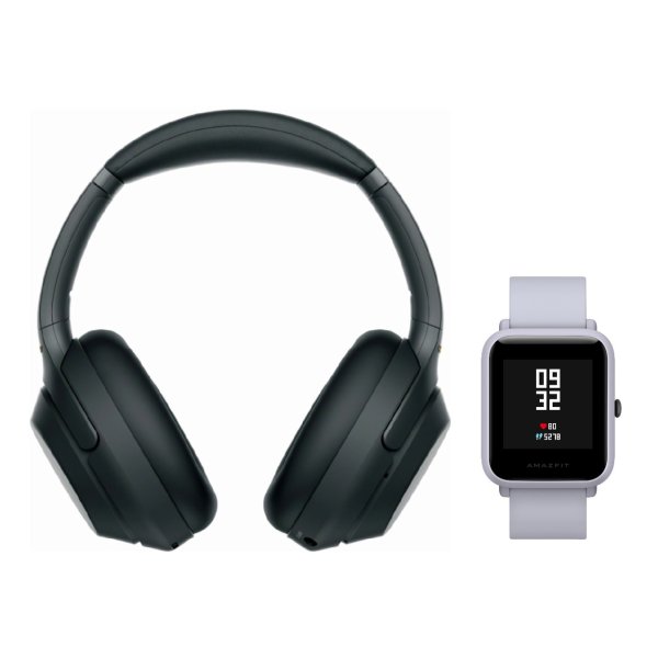 WH-1000XM3 Wireless Headphones (Black) with Amazfit Bip (White Cloud)