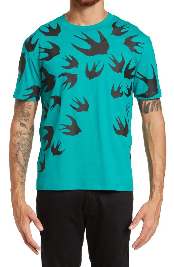 Alexander McQueen Bird Print Crew Neck Cotton T-Shirt