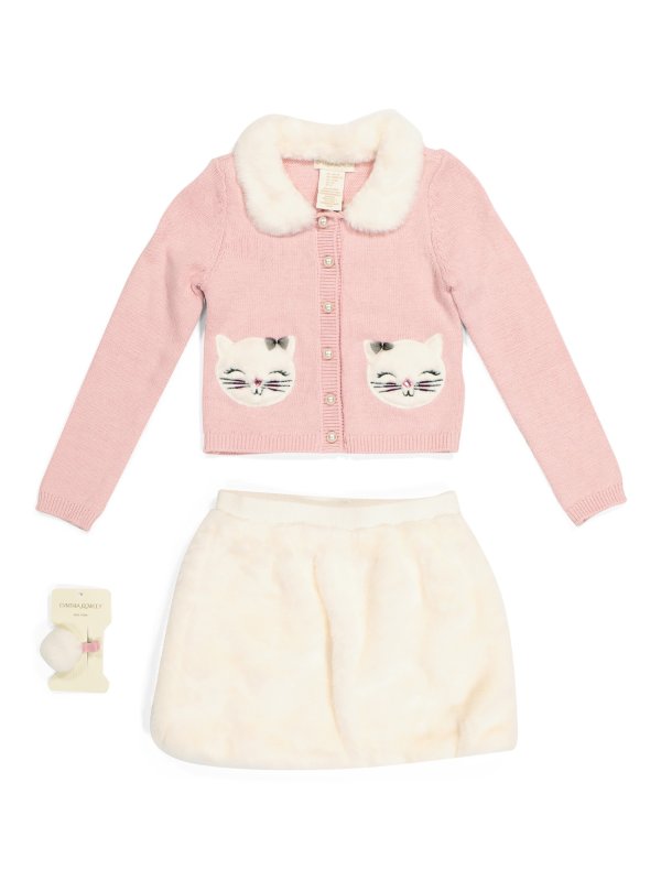 Girls Faux Fur Kitty Cardigan And Skirt Set With Hair Clip