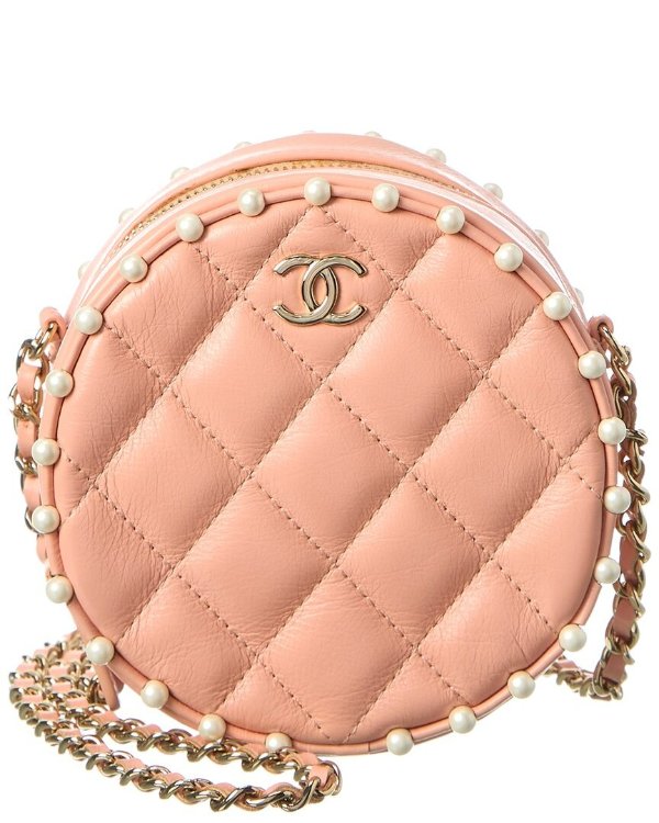 Pink Quilted Calfskin Leather Pearl Round Clutch With Chain (Authentic Pre-Owned)